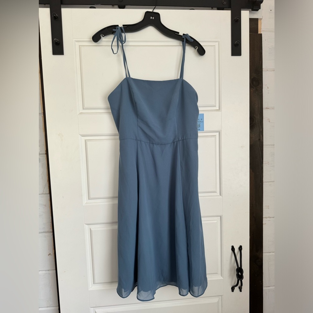 David’s Bridal Steel Blue Midi Square Neck Spaghetti Strap Bridesmaids Dress